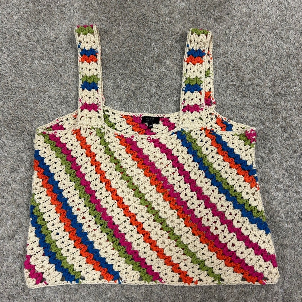 Debut Crochet Tank Top S/M Multi Color Striped Knit Square Neck Sleeveless